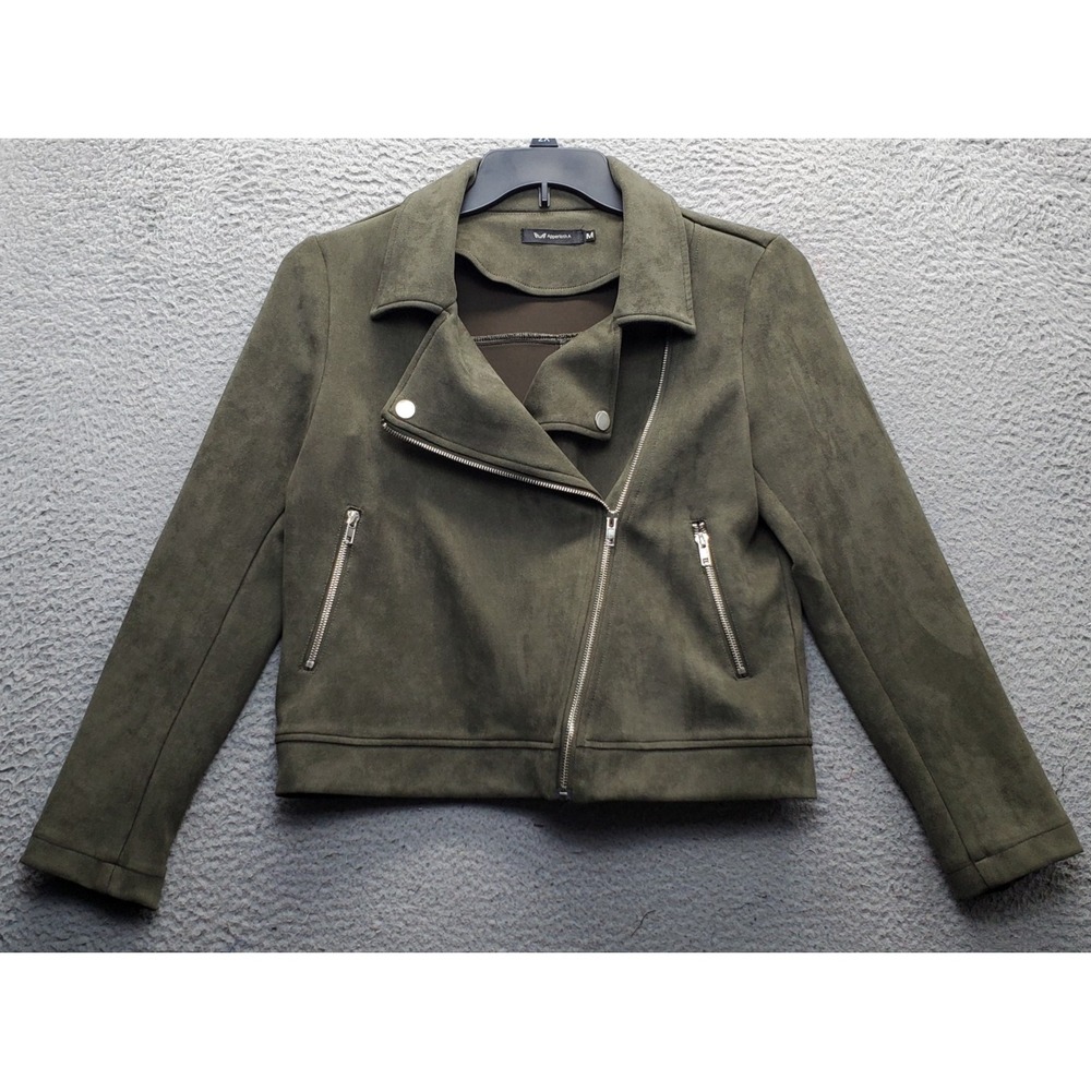 Apperloth A Moto Jacket Womens M Green Faux Suede Long Sleeve Asymmetrical Zip